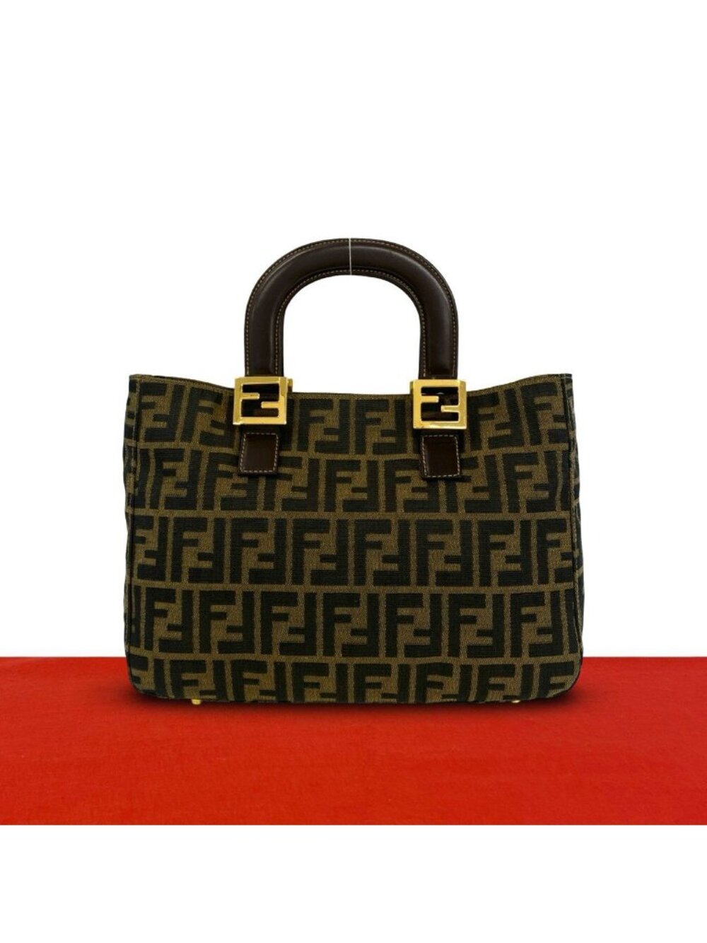 Fendi Vintage Zucca Pattern FF Logo Canvas Leather Handbag Mini Tote Brown